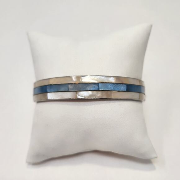 Blue White Abalone Shell Inlay Silver Tone Bangle Bracelet Vintage Stackable - Picture 1 of 5